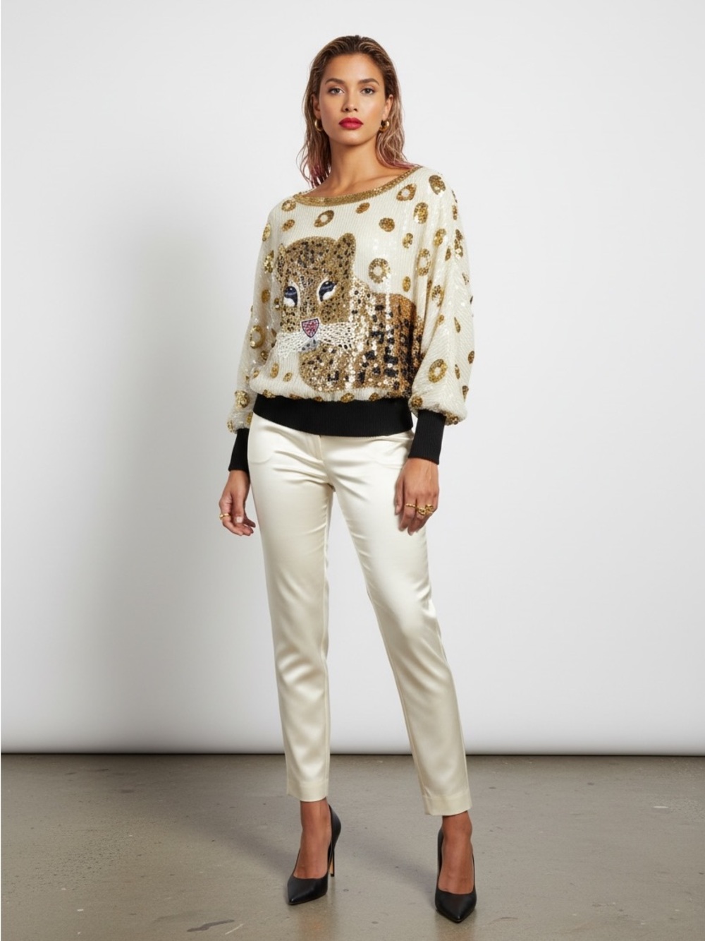 Vintage Ivory and Gold Sequin Leopard Pullover, rare